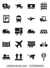 Set of vector isolated black icon - plane vector, taxi, baggage conveyor, parking, train, fork loader, seat map, wheelbarrow, bike, truck trailer, container, consolidated cargo, up side sign, moving