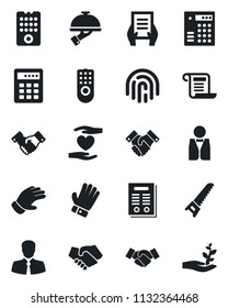 Set of vector isolated black icon - handshake vector, document, glove, saw, heart hand, client, fingerprint id, contract, waiter, remote control, combination lock, palm sproute