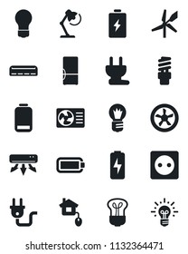 Set of vector isolated black icon - bulb vector, low battery, charge, desk lamp, air conditioner, fridge, home control, socket, power plug, fan, energy saving, windmill, idea