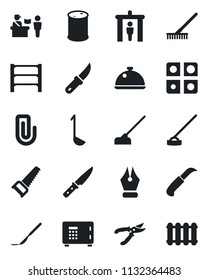Set of vector isolated black icon - passport control vector, security gate, safe, rake, pruner, saw, hoe, garden knife, scalpel, oil barrel, rack, application, paper clip, ink pen, dish, ladle