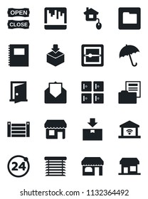 Set of vector isolated black icon - 24 around vector, umbrella, shop, checkroom, container, package, mail, scanner, folder, copybook, document, open close, home control, jalousie, garage gate, door