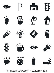 Set of vector isolated black icon - brainstorm vector, garden light, eye, traffic, torch, desk lamp, fireplace, beer, candle, smoke detector, bulb, energy saving, alarm led, idea, palm sproute