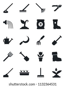 Set of vector isolated black icon - job vector, flower in pot, garden fork, shovel, farm, rake, watering can, sprout, pruner, boot, seedling, hoe, sickle, fertilizer, irrigation
