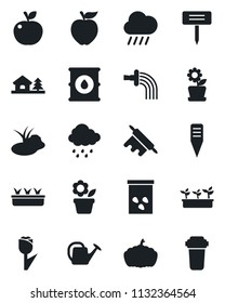 Set of vector isolated black icon - flower in pot vector, watering can, seedling, rain, plant label, pumpkin, seeds, pond, tulip, oil barrel, house with tree, rolling pin, apple fruit, water filter