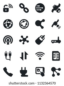 Set of vector isolated black icon - satellite vector, network, share, chain, rca, call, sim, data exchange, wireless, power plug, lock, router, home control app, social media