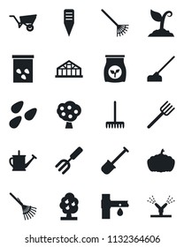 Set of vector isolated black icon - garden fork vector, shovel, farm, rake, watering can, wheelbarrow, sproute, hoe, plant label, pumpkin, greenhouse, seeds, fertilizer, drip irrigation, fruit tree