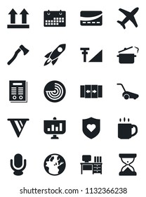 Set of vector isolated black icon - automatic door vector, radar, desk, lawn mower, axe, heart shield, plane, up side sign, microphone, cellular signal, calendar, coffee, contract, credit card