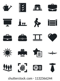 Set of vector isolated black icon - sun vector, plane, case, team, presentation board, watering can, heart, container, film frame, favorites list, checklist, manager, air conditioner, alcohol, tie
