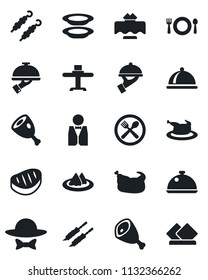 Set of vector isolated black icon - waiter vector, dish, restaurant table, serviette, cafe, plates, dress code, chicken, steak, kebab, ham
