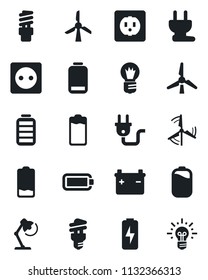 Set of vector isolated black icon - bulb vector, battery, low, charge, desk lamp, windmill, socket, power plug, energy saving, idea