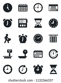 Set of vector isolated black icon - alarm clock vector, flight table, calendar, heavy scales, stopwatch, manager, schedule, sand