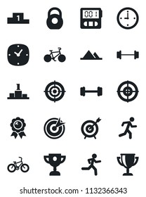 Set of vector isolated black icon - medal vector, barbell, bike, run, heavy, clock, stopwatch, target, mountains, pedestal, award cup