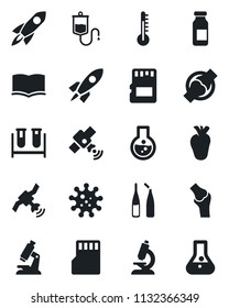 Set of vector isolated black icon - book vector, blood test vial, dropper, microscope, ampoule, real heart, joint, virus, satellite, sd, thermometer, rocket, flask