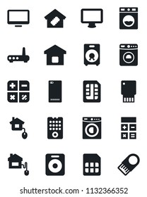 Set of vector isolated black icon - washer vector, calculator, monitor, speaker, phone back, sim, smart home, control, remote, router, usb flash