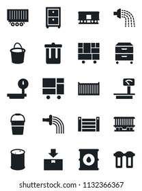 Set of vector isolated black icon - trash bin vector, bucket, watering, railroad, truck trailer, cargo container, consolidated, package, oil barrel, heavy scales, archive box, water filter