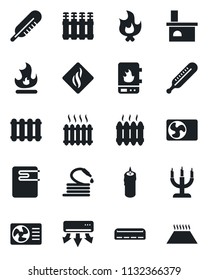 Set of vector isolated black icon - fire vector, hose, fireplace, thermometer, heater, air conditioner, candle, water, smoke detector, radiator, warm floor