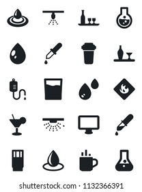 Set of vector isolated black icon - hot cup vector, water drop, dropper, flammable, monitor, alcohol, drink, cocktail, filter, sprinkler, flask