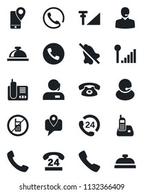 Set of vector isolated black icon - phone vector, no mobile, reception bell, 24 hours, support, tracking, radio, call, mute, cellular signal