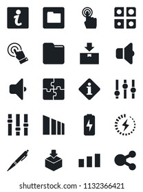 Set of vector isolated black icon - package vector, sorting, settings, touch screen, folder, charge, application, pen, sound, information, social media