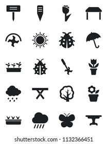 Set of vector isolated black icon - umbrella vector, sun, flower in pot, ripper, tree, butterfly, lady bug, seedling, rain, plant label, picnic table, tulip