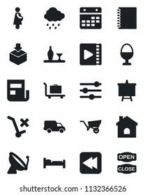 Set of vector isolated black icon - satellite antenna vector, baggage trolley, bed, presentation board, wheelbarrow, house, rain, pregnancy, car delivery, no, package, rewind, tuning, calendar, news