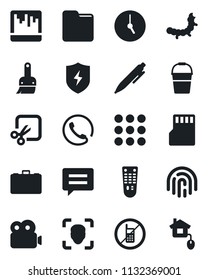 Set of vector isolated black icon - no mobile vector, case, pen, bucket, caterpillar, remote control, menu, message, protect, themes, clock, scanner, sd, folder, cut, face id, fingerprint, video