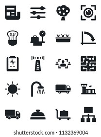 Set of vector isolated black icon - antenna vector, baggage trolley, luggage scales, airport building, crisis graph, seedling, sun, pulse clipboard, car delivery, tuning, news, hr, fruit tree, chip