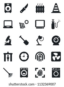 Set of vector isolated black icon - security gate vector, border cone, job, rake, garden knife, sprayer, microscope, clock, tv, laptop pc, speaker, fingerprint id, desk lamp, sun panel, washer, fan