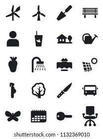 Set of vector isolated black icon - airport bus vector, shower, trowel, tree, watering can, butterfly, bench, real heart, pregnancy, term, user, house with, sun panel, key, restaurant table, knife