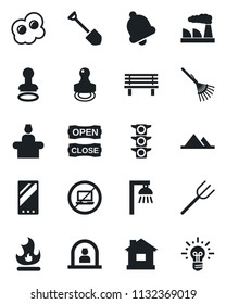 Set of vector isolated black icon - no laptop vector, reception, stamp, job, factory, farm fork, rake, fire, house, bench, traffic light, mobile, bell, mountains, open close, omelette, outdoor lamp