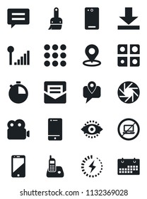 Set of vector isolated black icon - no laptop vector, mobile tracking, cell phone, radio, back, menu, message, camera, themes, stopwatch, mail, download, place tag, eye id, video, cellular signal