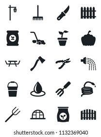 Set of vector isolated black icon - garden fork vector, farm, fence, rake, seedling, bucket, watering, pruner, lawn mower, water drop, hose, knife, axe, pumpkin, light, greenhouse, picnic table