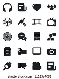 Set of vector isolated black icon - film frame vector, vinyl, archive chest, camera, antenna, satellite, news, tv, video, dialog, speaker, headphones, group, finger down, heart, hdmi