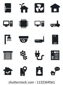 Set of vector isolated black icon - mobile tracking vector, phone back, smart home, chip, eco house, power plug, fan, router, pc, gear, outdoor lamp, jalousie, fridge, combination lock, pass card