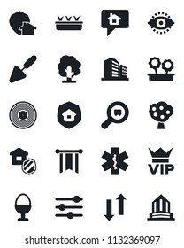 Set of vector isolated black icon - vip vector, trowel, tree, seedling, ambulance star, search cargo, vinyl, tuning, data exchange, eye id, fruit, flower in pot, estate insurance, egg stand, message