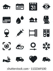 Set of vector isolated black icon - heart vector, syringe, term, film frame, calendar, brightness, eye id, book, house with garage, tree, pond, egg stand, snowflake, water, palm sproute, car