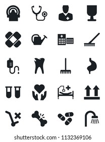 Set of vector isolated black icon - rake vector, watering can, stethoscope, blood test vial, dropper, pills, patch, tomography, hospital bed, heart hand, stomach, caries, broken bone, doctor