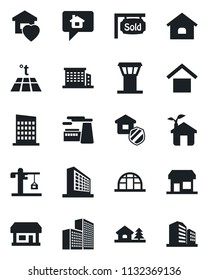 Set of vector isolated black icon - airport tower vector, office building, factory, greenhouse, store, warehouse storage, house, with tree, sold signboard, sweet home, city, crane, estate insurance