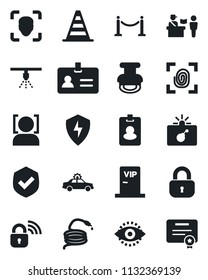 Set of vector isolated black icon - fence vector, passport control, alarm car, bomb in case, identity, border cone, hose, shield, protect, eye, stamp, lock, vip zone, fingerprint, wireless
