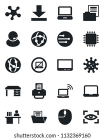 Set of vector isolated black icon - no laptop vector, wireless notebook, mouse, desk, printer, virus, support, tv, network, pc, share, download, document folder, manager, chip, eye scan