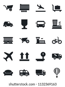 Set of vector isolated black icon - arrival vector, baggage trolley, airport bus, waiting area, building, wheelbarrow, ambulance car, bike, railroad, plane, truck trailer, delivery, fragile, moving