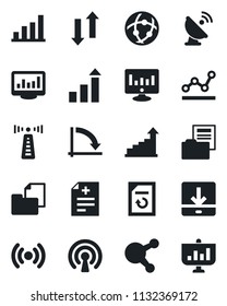 Set of vector isolated black icon - antenna vector, growth statistic, crisis graph, monitor, document reload, diagnosis, folder, satellite, share, network, data exchange, download, statistics, bar