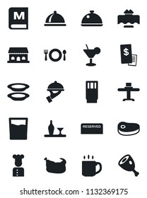 Set of vector isolated black icon - coffee vector, cook, dish, alcohol, restaurant table, cafe, menu, reserved, drink, cocktail, plates, waiter, building, receipt, chicken, steak, ham