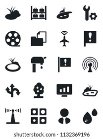 Set of vector isolated black icon - plane radar vector, luggage storage, statistic monitor, pond, route, important flag, folder document, reel, antenna, application, root setup, water supply