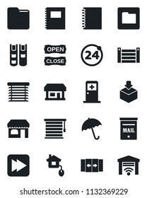 Set of vector isolated black icon - 24 around vector, automatic door, umbrella, shop, medical room, store, container, package, fast forward, folder, copybook, book, mailbox, open close, home control