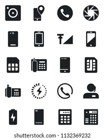 Set of vector isolated black icon - phone vector, mobile, office, tracking, cell, back, camera, sim, cellular signal, charge, support, combination lock