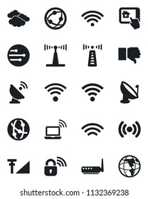 Set of vector isolated black icon - antenna vector, wireless notebook, clouds, satellite, network, finger down, cellular signal, lock, router, home control app, earth