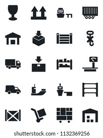 Set of vector isolated black icon - sea shipping vector, truck trailer, car delivery, port, container, consolidated cargo, fragile, up side sign, no hook, warehouse, package, heavy scales, rack