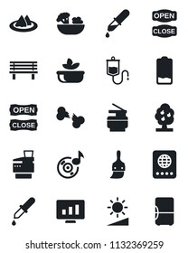 Set of vector isolated black icon - passport vector, statistic monitor, bench, dropper, broken bone, low battery, themes, brightness, music, copier, fruit tree, serviette, salad, open close, fridge