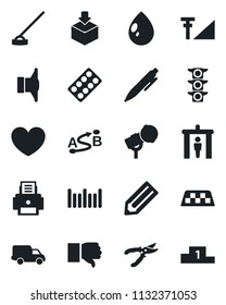 Set of vector isolated black icon - taxi vector, security gate, pen, pencil, pruner, water drop, hoe, heart, pills blister, traffic light, car delivery, package, barcode, route, microphone, speaker